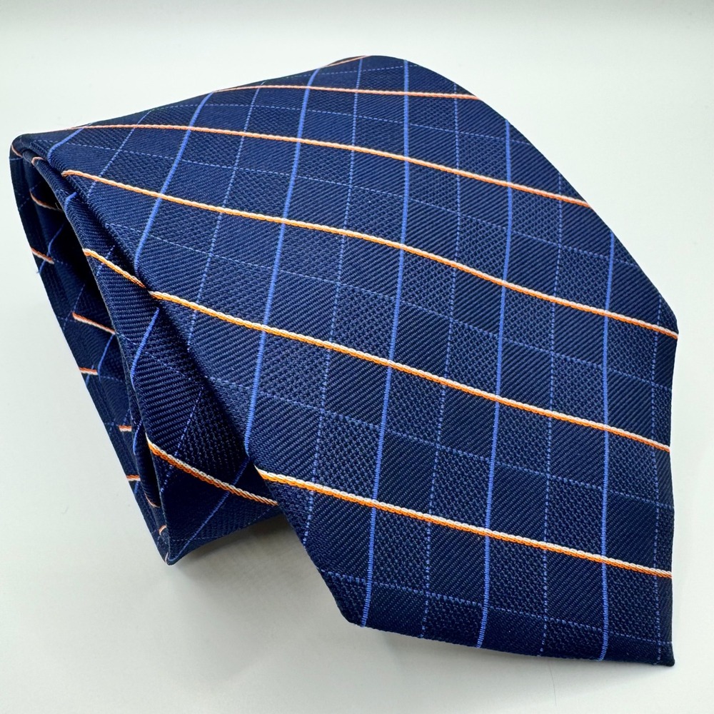 Tom James Executive Collection Mens Navy Blue Orange Plaid‎ Silk Tie Luxury
